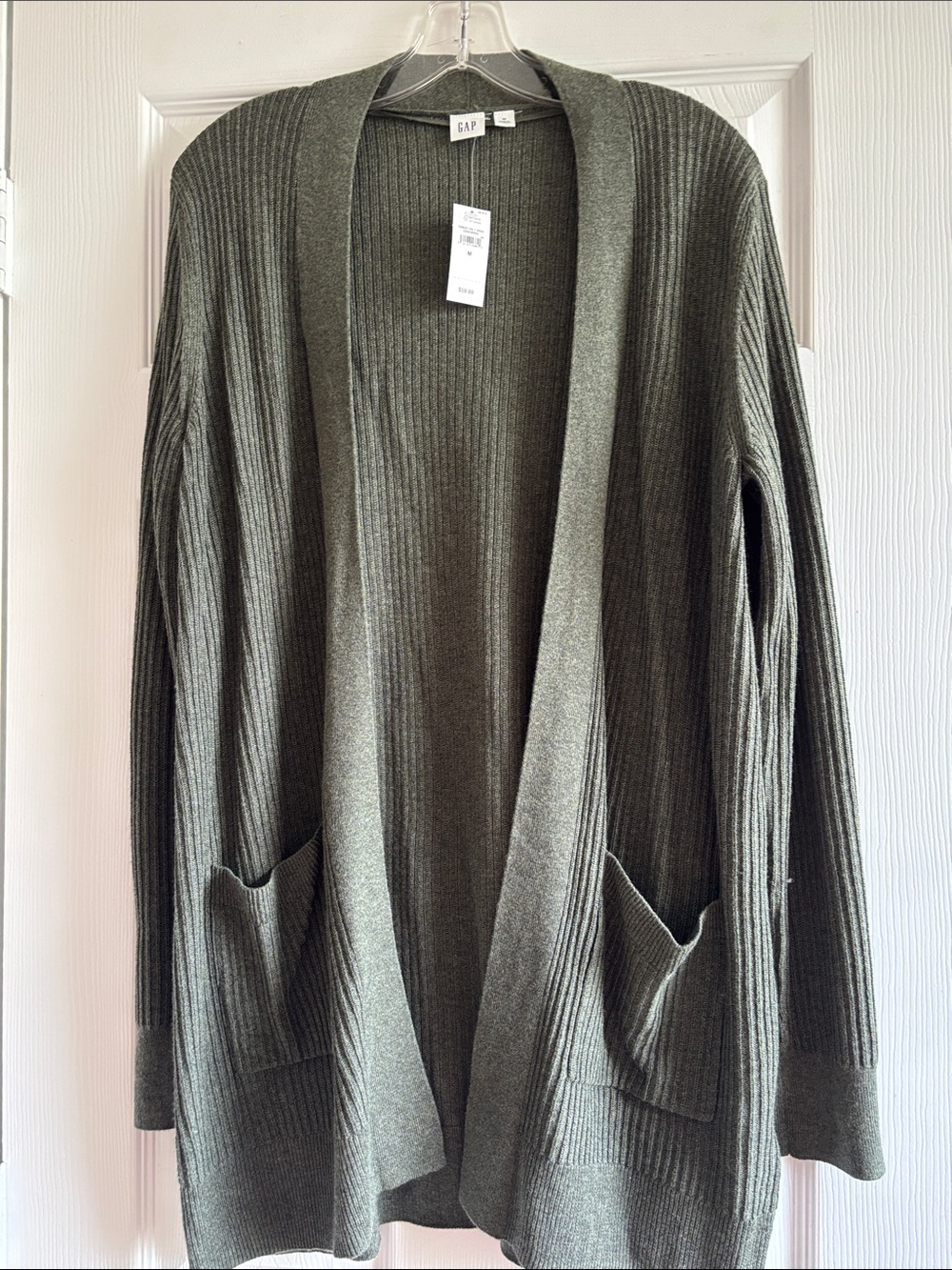 GAP Factory long Olive Shaker stitch Open Cardigan with Pockets